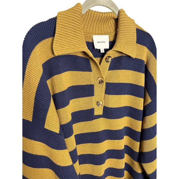 Reformation Brooklyn Cotton Polo Sweater Size Small Collared Navy Gold Stripe - Picture 5 of 8